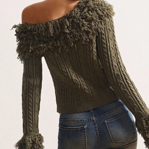 Green Casual Women's Off Shoulder Fuzzy Patchwork Long Sleeve Sweater - Picture 2 of 8